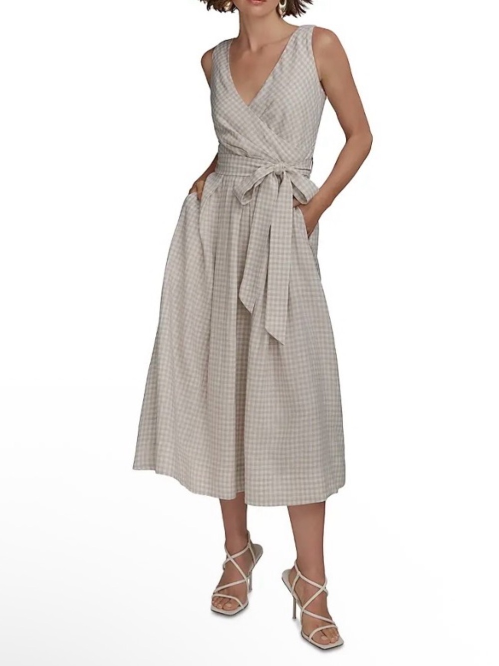 Dkny Sleeveless Wrap Midi Dress in Light Beige Gingham
